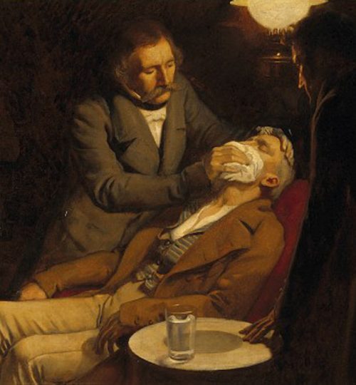 V0018140 The first use of ether in dental surgery, 1846. Oil painting
Credit: Wellcome Library, London. Wellcome Images
images@wellcome.ac.uk
http://images.wellcome.ac.uk
The first use of ether in dental surgery, 1846. Oil painting by Ernest Board.
By: Ernest BoardPublished:  - 

Copyrighted work available under Creative Commons by-nc 2.0 UK, see http://images.wellcome.ac.uk/indexplus/page/Prices.html